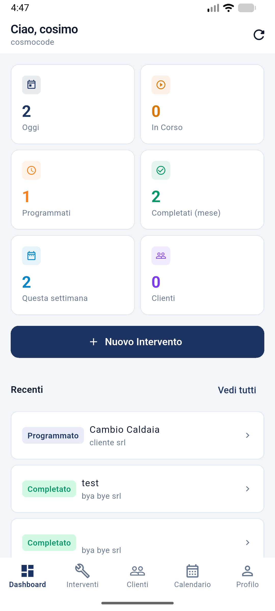 Dashboard EasyInterventi: statistiche interventi e carico tecnici