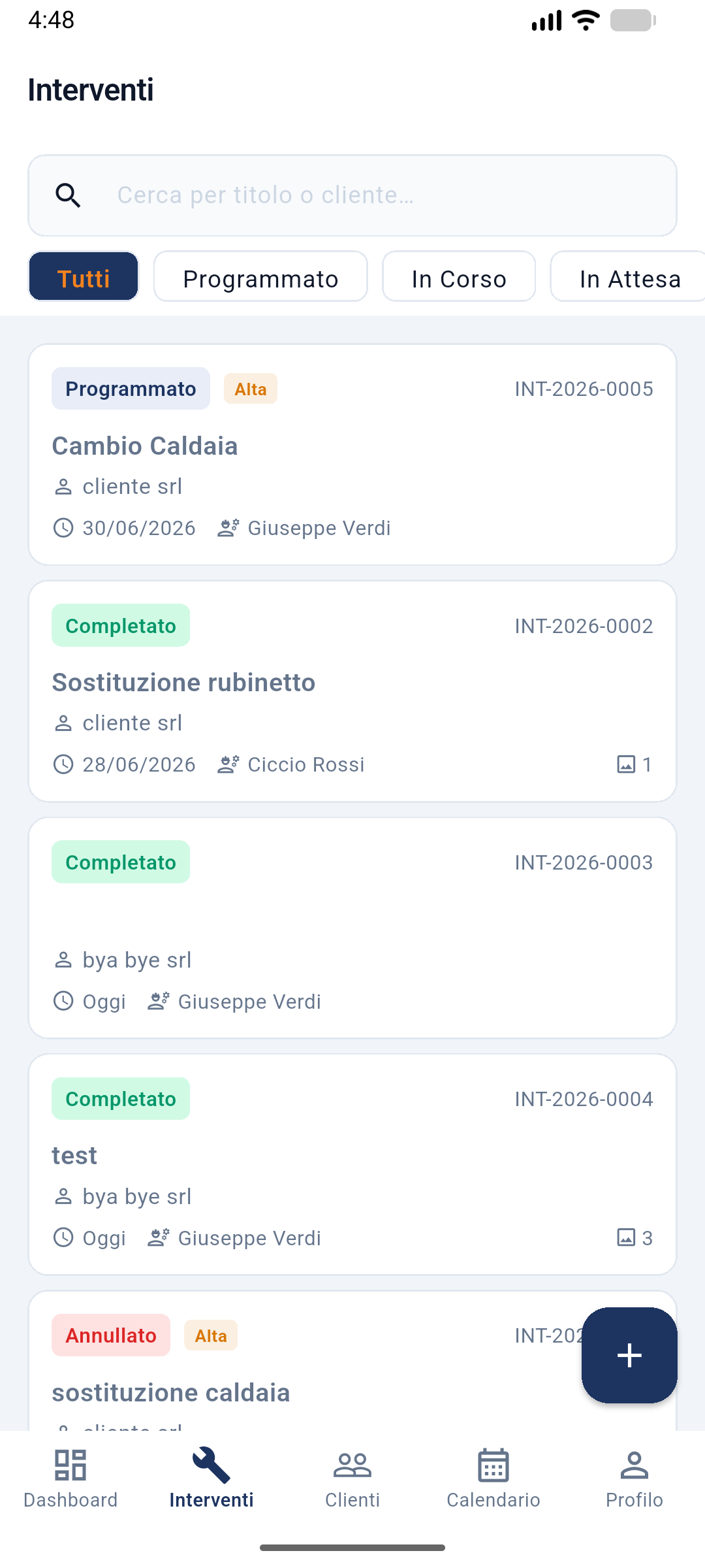 Lista interventi tecnici nell'app EasyInterventi