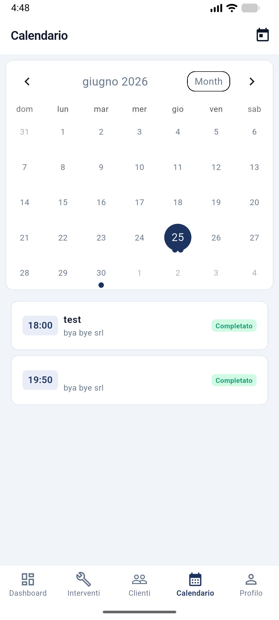 Calendario interventi tecnici EasyInterventi
