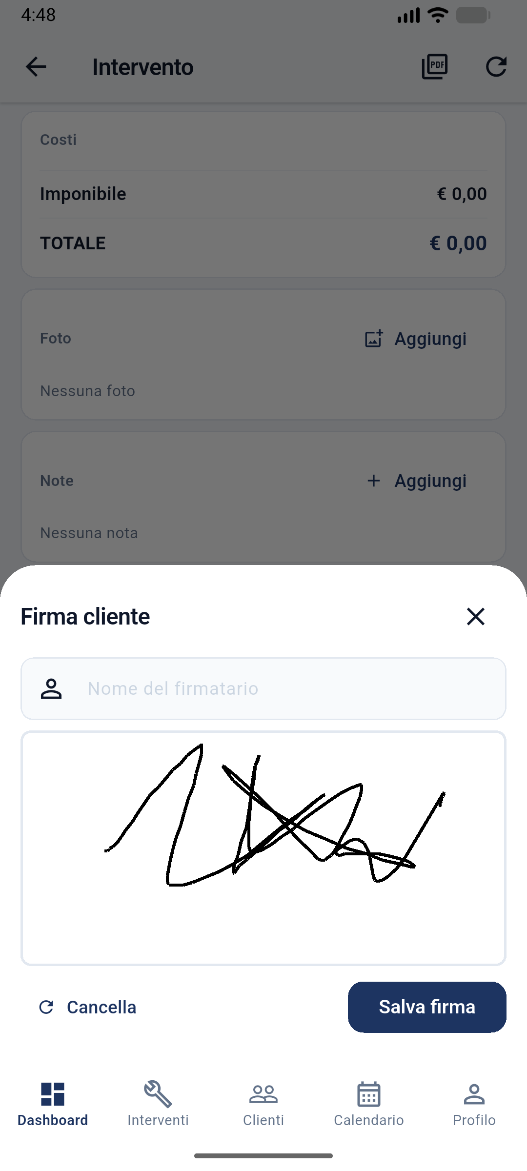 Firma cliente digitale a fine intervento